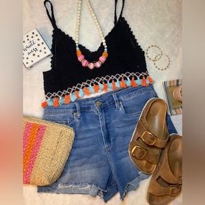 Women’s Adora Boho Crochet Crop Top With Tassels Black Festival Wear